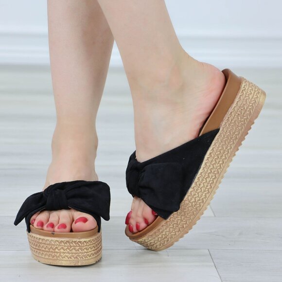 Suede Black Bow Comfort Platform Sandal Slip On Sliders - Picture 4 of 12